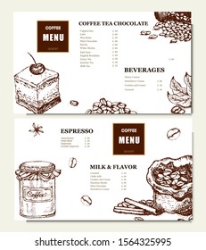 Coffee illustration. Hand drawn vector banner. Coffee beans, branch, bag, cake, Menu