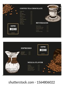 Coffee illustration. Hand drawn vector banner. Coffee beans, cup, Menu