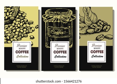 Coffee illustration. Hand drawn vector banner. Coffee beans, bag