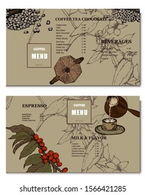 Coffee illustration. Hand drawn vector banner. Coffee beans, branch, bag, bird, Menu