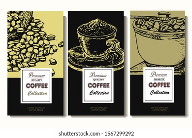 Coffee illustration. Hand drawn vector banner. Coffee beans, bag, machine