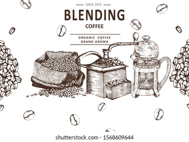 Coffee illustration. Hand drawn vector banner. Coffee beans, bag, machine,