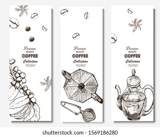Coffee illustration. Hand drawn vector banner. Coffee beans, teapot
