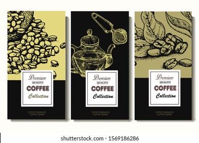 Coffee illustration. Hand drawn vector banner. Coffee beans, bag, teapot
