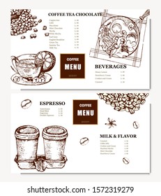 Coffee illustration. Hand drawn vector banner. Coffee beans, teapot, bag, Menu
