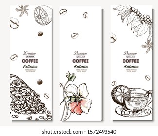Coffee illustration. Hand drawn vector banner. Coffee beans and branch, bag, flower