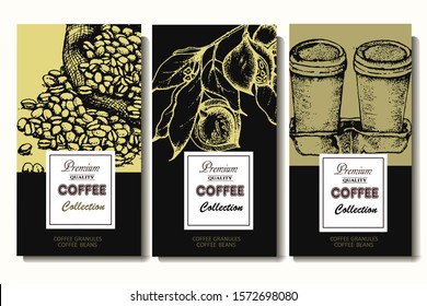 Coffee illustration. Hand drawn vector banner. Coffee beans and branch
