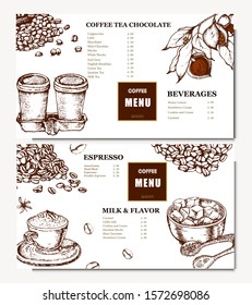 Coffee illustration. Hand drawn vector banner. Coffee beans, cups, bag, Menu