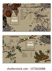 Coffee illustration. Hand drawn vector banner. Coffee beans, cups, bag, Menu