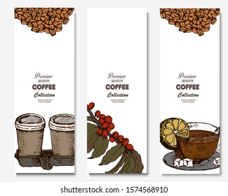 Coffee illustration. Hand drawn vector banner. Coffee beans and branch