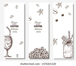 Coffee illustration. Hand drawn vector banner. Coffee beans and branch, cup