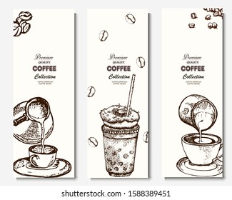 Coffee illustration. Hand drawn vector banner. Coffee beans,  dessert