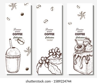 Coffee illustration. Hand drawn vector banner. Coffee beans, branch and  dessert