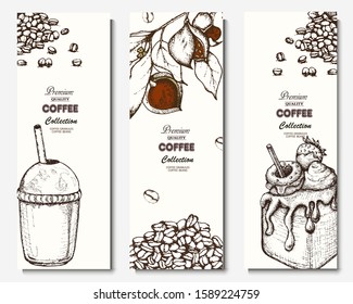Coffee illustration. Hand drawn vector banner. Coffee beans, branch and  dessert