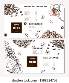 Coffee illustration. Hand drawn vector banner. Coffee beans, cups, bag, dessert, flowers, branch