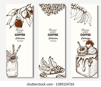 Coffee illustration. Hand drawn vector banner. Coffee beans, branch and  dessert