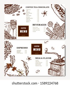 Coffee illustration. Hand drawn vector banner. Coffee beans, cups, bag, dessert, flowers, branch
