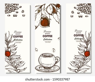 Coffee illustration. Hand drawn vector banner. Coffee beans, branch and  dessert