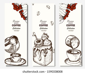 Coffee illustration. Hand drawn vector banner. Coffee beans, branch and  dessert