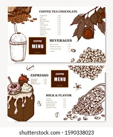 Coffee illustration. Hand drawn vector banner. Coffee beans, cups, bag, dessert, flowers, branch. Menu
