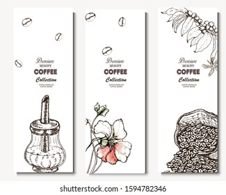 Coffee illustration. Hand drawn vector banner. Coffee beans, branch and  flowers, bag