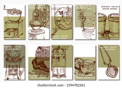 Coffee illustration. Hand drawn vector banner. Coffee beans, branch and teapot, bag, pan