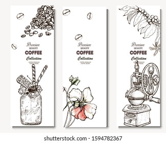 Coffee illustration. Hand drawn vector banner. Coffee beans, branch and  flowers, coffe machine