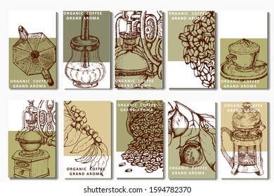 Coffee illustration. Hand drawn vector banner. Coffee beans, branch and teapot, bag