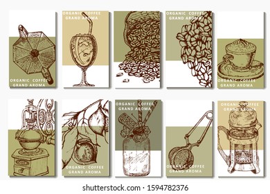 Coffee illustration. Hand drawn vector banner. Coffee beans, branch and teapot, bag