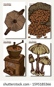 Coffee illustration. Hand drawn vector banner. Coffee beans, bag, teapot