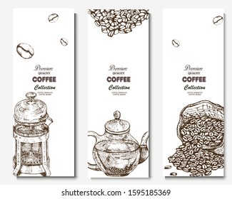 Coffee illustration. Hand drawn vector banner. Coffee beans, bag