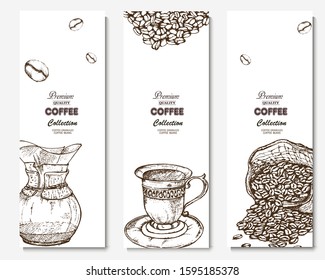 Coffee illustration. Hand drawn vector banner. Coffee beans, bag