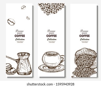 Coffee illustration. Hand drawn vector banner. Coffee beans, bag, cup