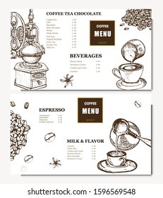 Coffee illustration. Hand drawn vector banner. Coffee beans, cups coffee machine. Menu