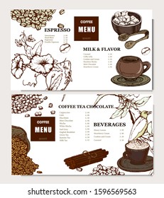 Coffee illustration. Hand drawn vector banner. Coffee beans, bag, coffee machine. Menu