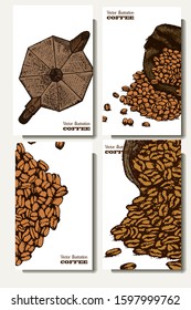 Coffee illustration. Hand drawn vector banner. Coffee beans, bag, teapot