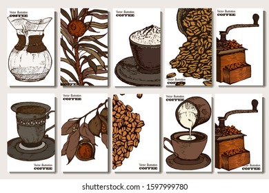 Coffee illustration. Hand drawn vector banner. Coffee beans, bag, branch