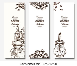 Coffee illustration. Hand drawn vector banner. Coffee beans, branch, sugar, 