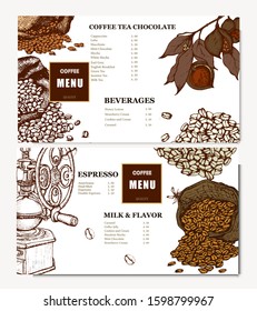 Coffee illustration. Hand drawn vector banner. Coffee beans, bag, flowers. Menu