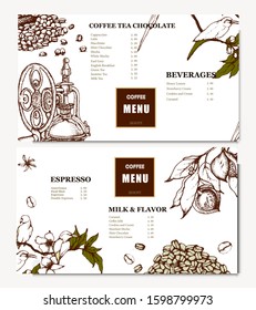 Coffee illustration. Hand drawn vector banner. Coffee beans, bag, birds. Menu