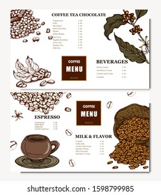 Coffee illustration. Hand drawn vector banner. Coffee beans, bag, flowers. Menu