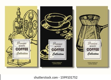 Coffee illustration. Hand drawn vector banner. Coffee beans, cup