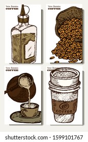 Coffee illustration. Hand drawn vector banner. Coffee beans, bag, cup