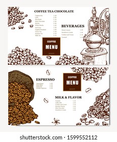 Coffee illustration. Hand drawn vector banner. Coffee beans, bag. Menu