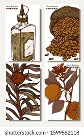 Coffee illustration. Hand drawn vector banner. Coffee beans, bag, orange