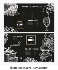 Coffee illustration. Hand drawn vector banner. Coffee beans, bag. Menu