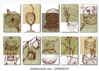 Coffee illustration. Hand drawn vector banner. Coffee beans, bag, orange, teapot