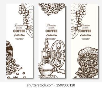 Coffee illustration. Hand drawn vector banner. Coffee beans, branch, bag