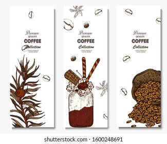 Coffee illustration. Hand drawn vector banner. Coffee beans, bag