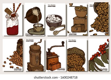 Coffee illustration. Hand drawn vector banner. Coffee beans, bag, branch, sugar